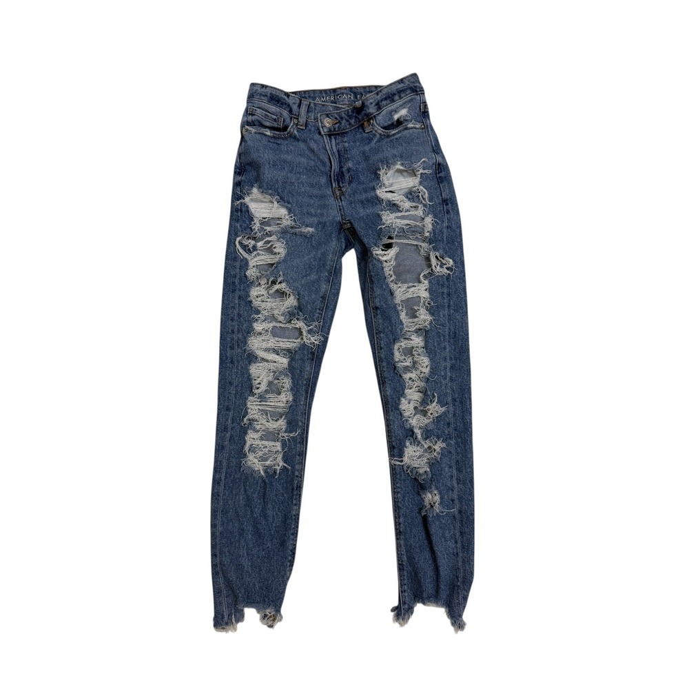 American Eagle Outfitters Highest Rise Mom Jeans Womens 00 Blue Denim Distressed